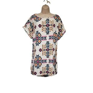 Audition Fashions Round Neck Short Sleeve Multi-Color Casual Shirt Dress Size L